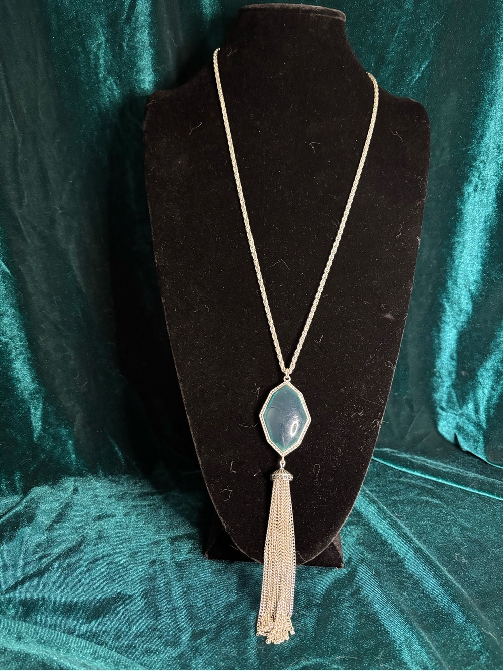 Silver-Tone Reversible Yellow or Teal Pendant Tassel Necklace with Rope chain